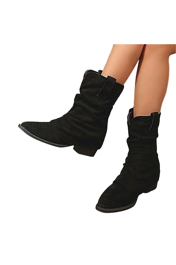 Womens Suede Slouchy Fold Over Boots Pointed Toe Wide Calf Cowboy Boots Low Heel Pull On Riding Booties Black Size 6