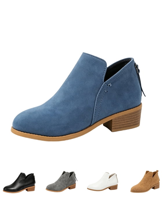 Womens Suede Texture Ankle Booties Round Toe Block Heel Back Zipper Street Style Autumn Winter Short Boots
