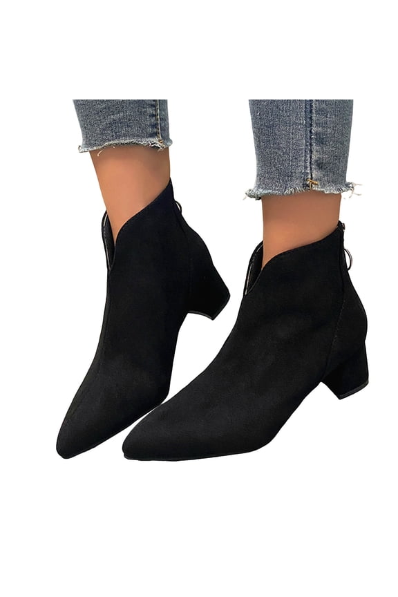 Womens Suede V Cut Ankle Boots Classic Pointed Toe Mid Block Heel Fall Booties Vintage Comfortable Dress Shoes Black Size 6