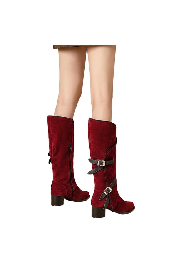 Womens Suede Western Knee High Boots Slip On Fashion V Cut Buckle Strap Mid Calf Fall Booties Block Mid Heel Knee Length Riding Boots Red Size 6.5