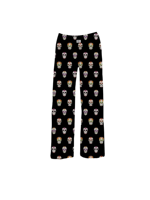 Womens Sugar Skulls Lounge Pants - Day of the Dead Black Pajama Bottoms by American Mills - 2X
