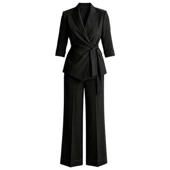 Womens Suit 2 Piece Set Business Casual Dressy V Neck Wrap Belted Blazer Jacket Wide Leg Pants Sets Elegant Trendy Fall Loose Fit Solid Color Outfits Daily Office Travel Outfits