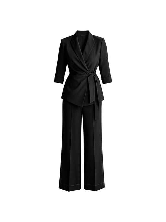Womens Suit 2 Piece Set Business Casual Dressy V Neck Wrap Belted Blazer Jacket Wide Leg Pants Sets Elegant Trendy Fall Loose Fit Solid Color Outfits Daily Office Travel Outfits