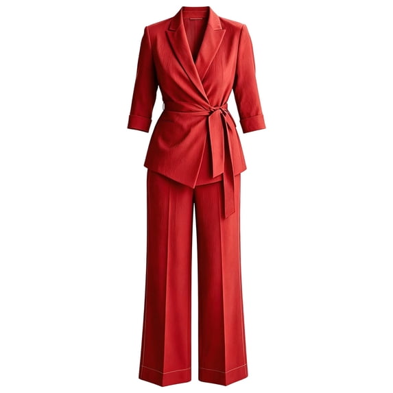 Womens Suit 2 Piece Set Business Casual Dressy V Neck Wrap Belted Blazer Jacket Wide Leg Pants Sets Elegant Trendy Fall Loose Fit Solid Color Outfits Daily Office Travel Outfits