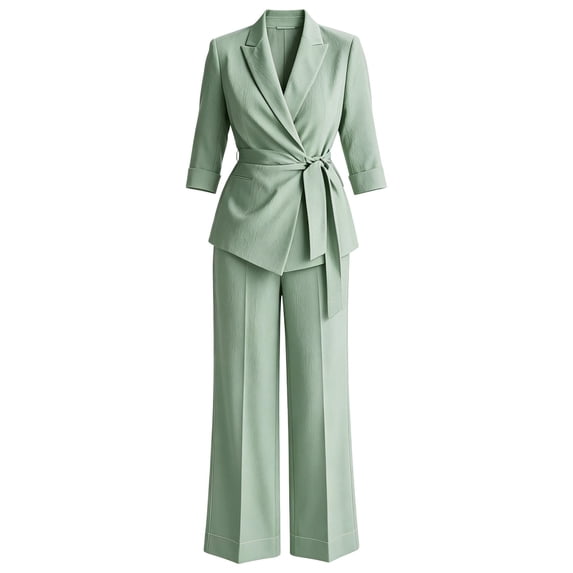 Womens Suit 2 Piece Set Business Casual Dressy V Neck Wrap Belted Blazer Jacket Wide Leg Pants Sets Elegant Trendy Fall Loose Fit Solid Color Outfits Daily Office Travel Outfits
