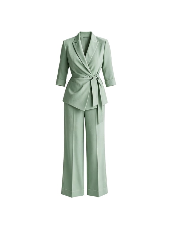 Womens Suit 2 Piece Set Business Casual Dressy V Neck Wrap Belted Blazer Jacket Wide Leg Pants Sets Elegant Trendy Fall Loose Fit Solid Color Outfits Daily Office Travel Outfits