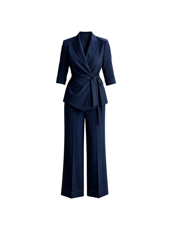 Womens Suit 2 Piece Set Business Casual Dressy V Neck Wrap Belted Blazer Jacket Wide Leg Pants Sets Elegant Trendy Fall Loose Fit Solid Color Outfits Daily Office Travel Outfits