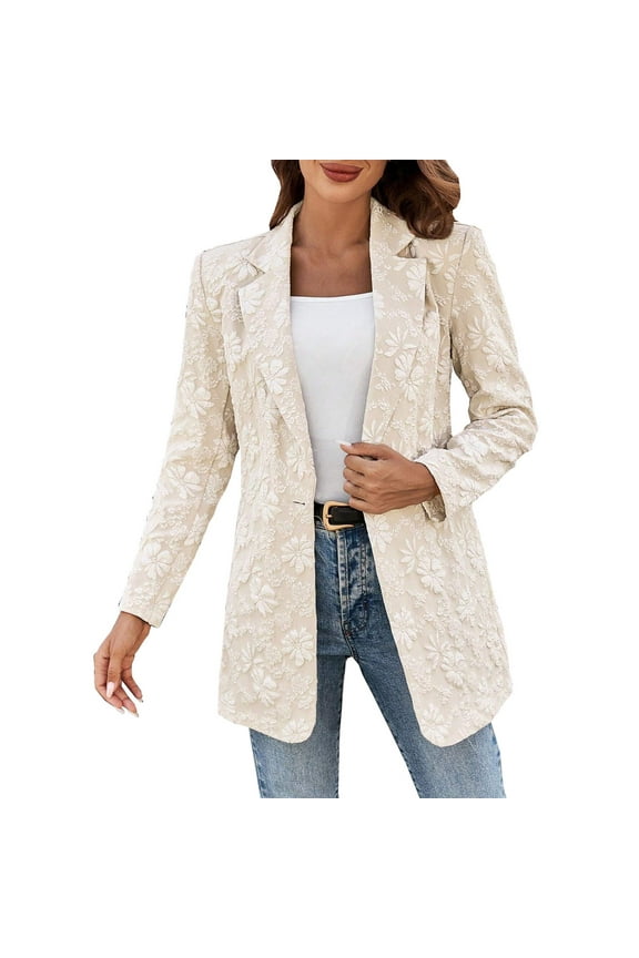 Womens Suit Jackets Fashion Y2k Street Style Floral Blazer Long Sleeves Loose Comfy Business Casual Blazer Tops Khaki XX-Large