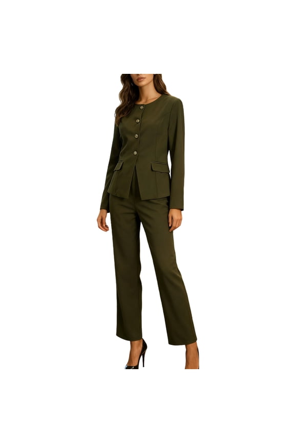 Womens Suit Set Crewneck Single Breasted Blazer Jacket Trousers Trendy Fall Winter Set Two Piece Outfits for Work Olive Green S