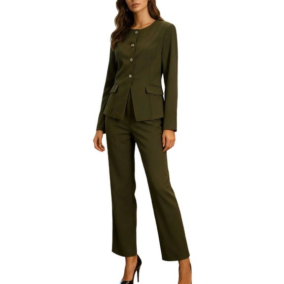 Womens Suit Set Crewneck Single Breasted Blazer Jacket Trousers Trendy Fall Winter Set Two Piece Outfits for Work Olive Green XL