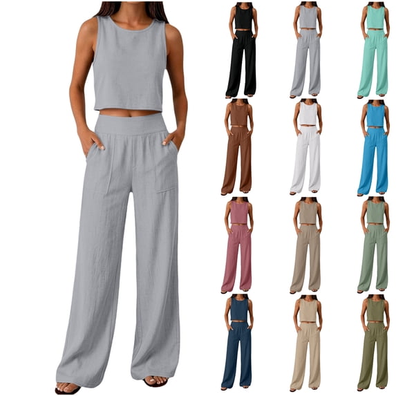 Womens Suit Set Side Pockets Wide Legs Pants Set Suit,Loose Fit Solid Color 2 Piece Outfits Summer Streetwear Lounge Matching Set for Daily Wear