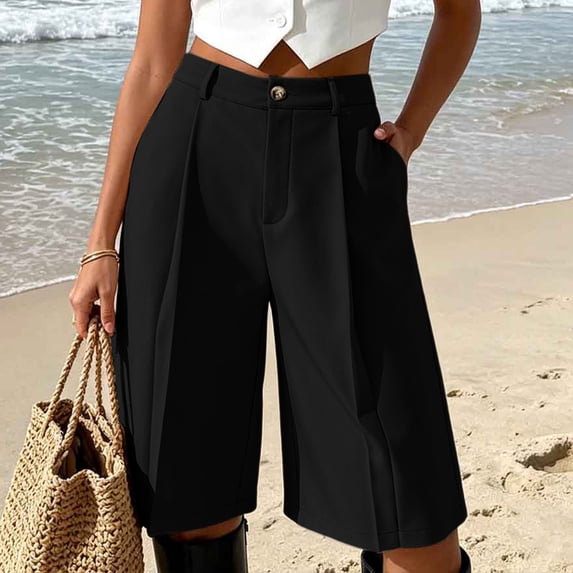 Womens Suit Shorts High Rise Straight Wide Leg Business Casual Bermuda Short for Women with Pockets