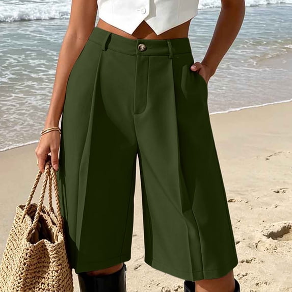 Womens Suit Shorts High Rise Straight Wide Leg Business Casual Bermuda Short for Women with Pockets