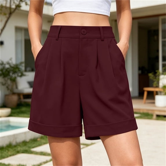 Womens Suit Shorts Mid Rise Elastic Waisted Wide Leg Rolled Hem Pleated Dressy Casual Short for Women with Pockets