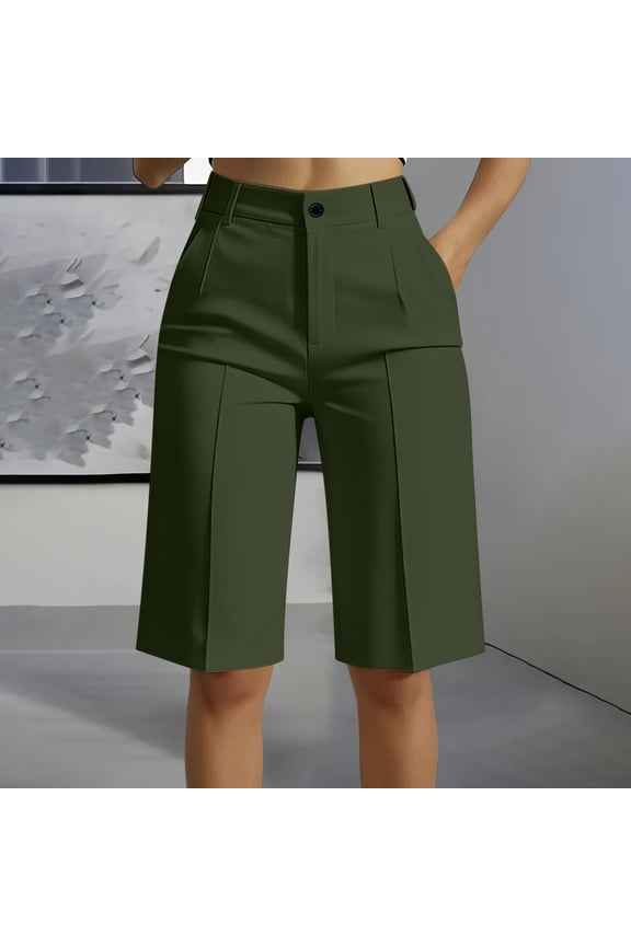 Womens Suit Shorts with Pockets High Rise Knee Length Elastic Waisted Straight Leg Business Casual Dressy Bermuda Short for Women