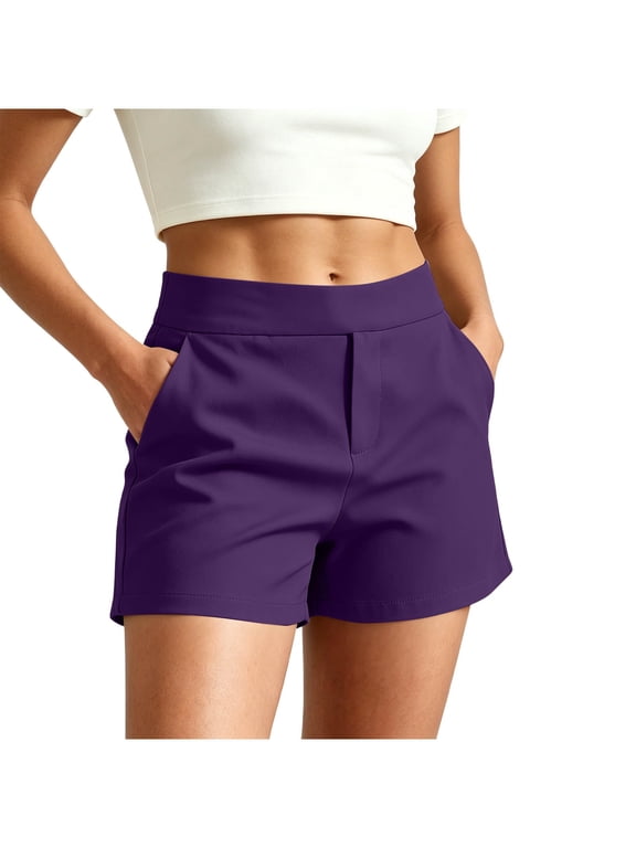 Womens Suit Shorts with Pockets Mid Rise Elastic Waisted Straight Leg Business Work Short for Women