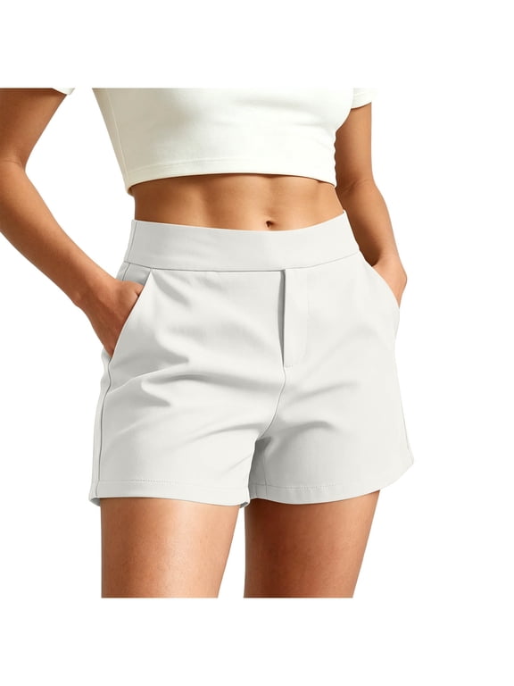 Womens Suit Shorts with Pockets Mid Rise Elastic Waisted Straight Leg Business Work Short for Women