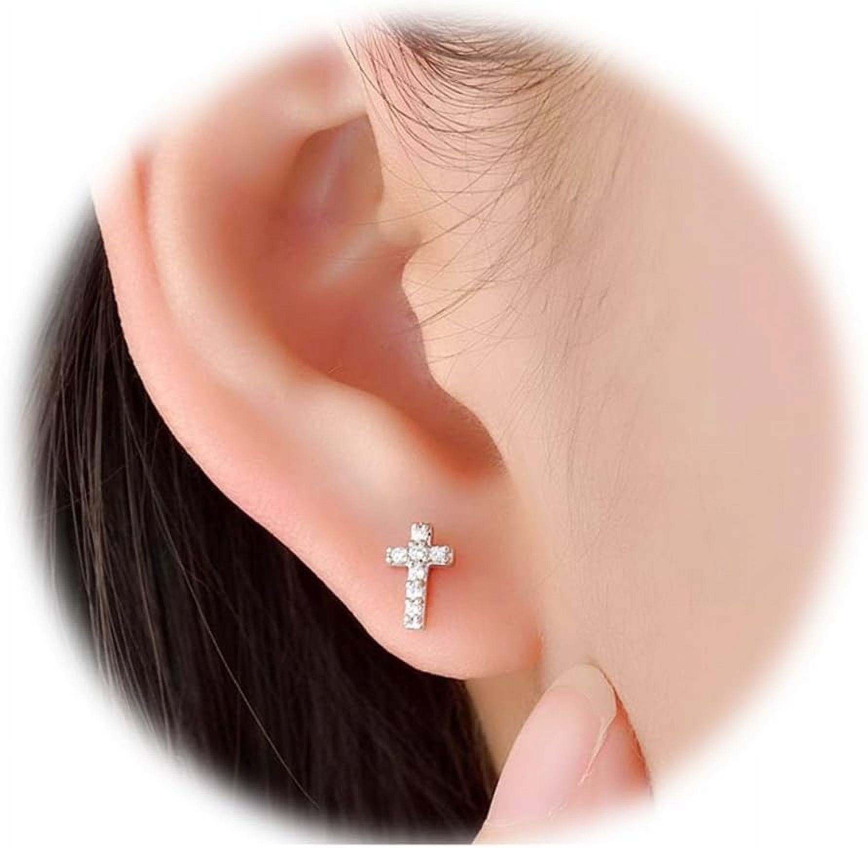14K White Gold Plated Small Cross Silver Stud Earrings