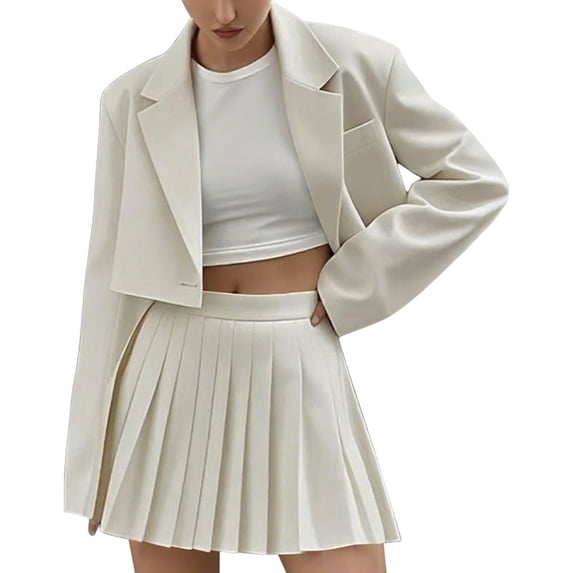 Womens Suits 2 Piece Set Business Casual Single Button Short Jacket Top High Waisted Pleated Mini Skirt Set (2XL, White)