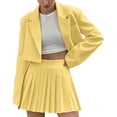 thumbnail image 1 of Womens Suits 2 Piece Set Business Casual Single Button Short Jacket Top High Waisted Pleated Mini Skirt Set (2XL, Yellow), 1 of 5