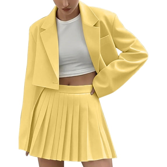 Womens Suits 2 Piece Set Business Casual Single Button Short Jacket Top High Waisted Pleated Mini Skirt Set (2XL, Yellow)