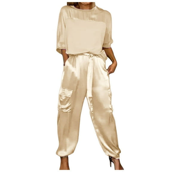 Womens Suits 2 Piece Set Business Women Smooth Satin Half Sleeve Top And Pants Set Women plus Size Snow Bibs Casual Pantsuit for on Piece Jumpsuit Christmas Outfits for Dressy Summer Business Beige M