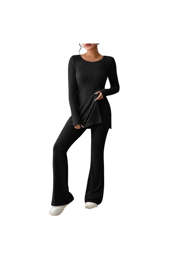Womens Suits 2 Piece Set Business Women's Two Piece Knit Matching Outfits Crew Neck Slit Hem Tee And Pants Tracksuit Sets Two Leather Suit Pants Suit for Women Skirt And Shirt Formal Women P Black XXL
