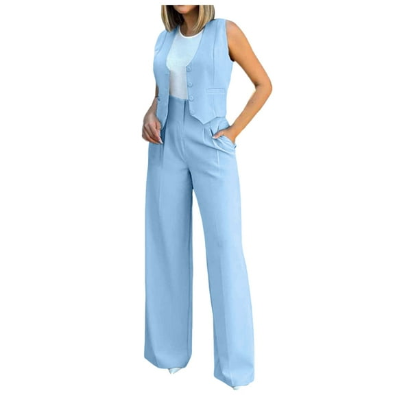 Womens Suits 2 Piece Set Business Womens Elegant Solid Color Suit Vest Tank Cardigan Pockets Tops Wide Leg Pants Suit Stretch Suits for Women Graduation Outfits Dress Pants Winter Snowmobile Wo Blue L