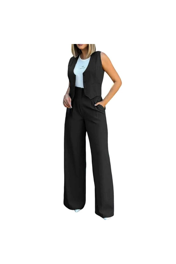 Womens Suits 2 Piece Set Business Womens Elegant Solid Color Suit Vest Tank Cardigan Pockets Tops Wide Leg Snowmobile Pants Women Bibs Overalls Insulated Ski Pants Bibs Pant Suits for Women Dr Black S