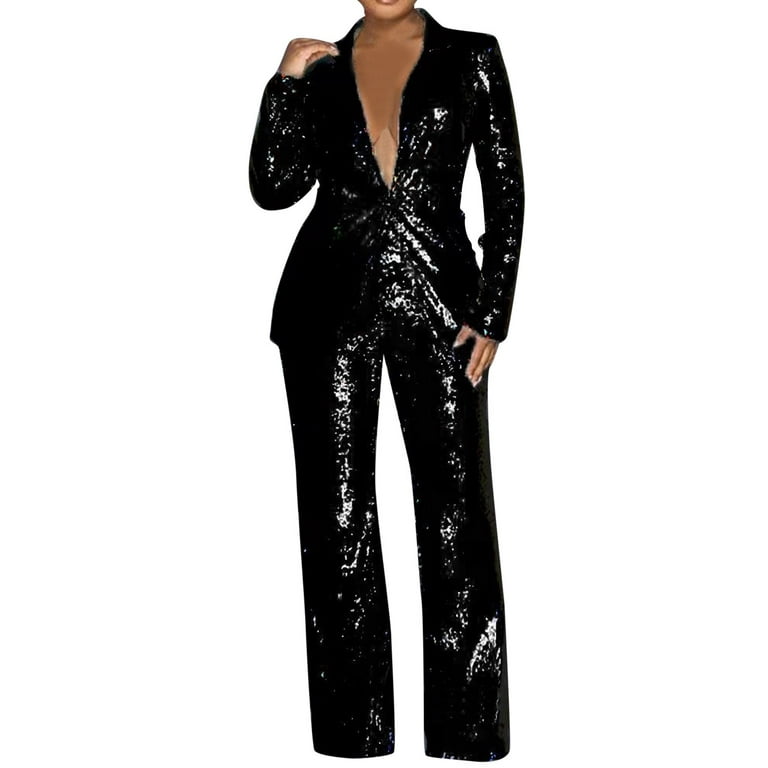 Womens Suits Set Sequin 2 Piece Pants Set Notch Lapel Slim Fit Formal Suits  Womens Tuxedo Suit Sequin Sets Black S 