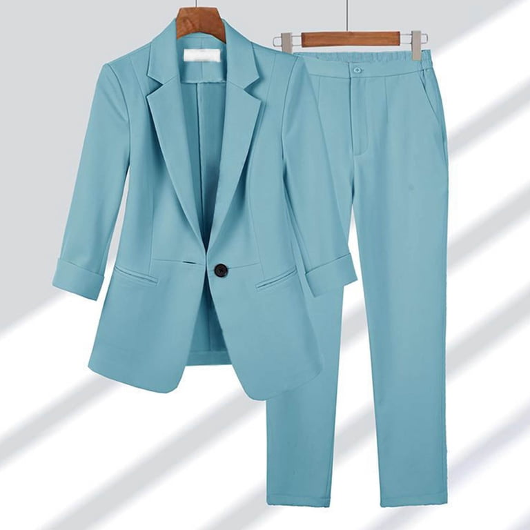 Womens Suits Two Piece Set Business Solid Button Long Sleeve Bussiness  Casual Wide Leg Pants Work Suit With Pocket Sky Blue XXXL - Walmart.com