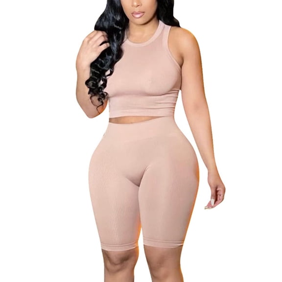 Womens Summer 2 Piece Biker Short Set Ribbed Crop Top High Waist Yoga Outfit Workout Athletic Lounge Set