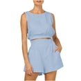 thumbnail image 1 of Womens Summer 2 Piece Cotton Linen Outfits Casual Crewneck Sleeveless Crop Tops High Waisted Shorts Sets Tracksuits, 1 of 7