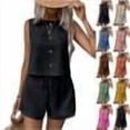 thumbnail image 1 of Womens Summer 2 Piece Linen Sets Sleeveless Button Crew Neck Vest Tops Matching Shorts Set Travel Vacation Casual Outfits,Black,S, 1 of 6