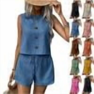 Womens Summer 2 Piece Linen Sets Sleeveless Button Crew Neck Vest Tops Matching Shorts Set Travel Vacation Casual Outfits,Blue,L
