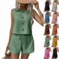 thumbnail image 1 of Womens Summer 2 Piece Linen Sets Sleeveless Button Crew Neck Vest Tops Matching Shorts Set Travel Vacation Casual Outfits,Green,S, 1 of 6
