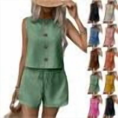 Womens Summer 2 Piece Linen Sets Sleeveless Button Crew Neck Vest Tops Matching Shorts Set Travel Vacation Casual Outfits,Green,S