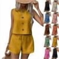 thumbnail image 1 of Womens Summer 2 Piece Linen Sets Sleeveless Button Crew Neck Vest Tops Matching Shorts Set Travel Vacation Casual Outfits,Yellow,M, 1 of 6