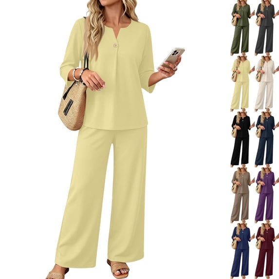 Womens Summer 2 Piece Lounge Sets 3/4 Sleeve V Neck Top Wide Leg Palazzo Pants Set 2026 Beach Travel Outfits,Beige,M
