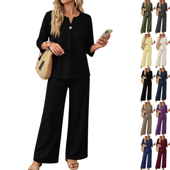 Womens Summer 2 Piece Lounge Sets 3/4 Sleeve V Neck Top Wide Leg Palazzo Pants Set 2026 Beach Travel Outfits,Black,3XL