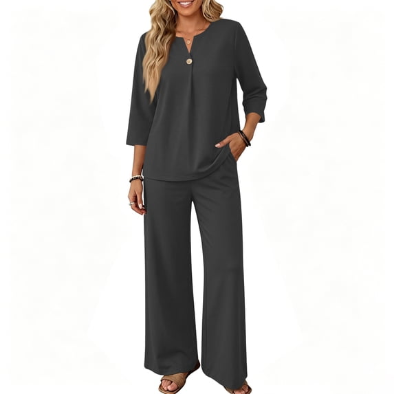Womens Summer 2 Piece Lounge Sets 3/4 Sleeve V Neck Top Wide Leg Palazzo Pants Set Beach Travel Outfits