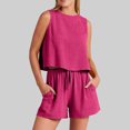 thumbnail image 1 of Womens Summer 2 Piece Outfit Solid Casual Cotton Linen Suits Loose Crew Neck Sleeveless Tops Drawstring Elastic Waist Shorts Pockets(XXL,Hot Pink), 1 of 1