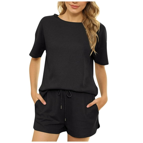 Womens Summer 2 Piece Outfits Casual Crewneck Short Sleeve Tops Drawstring Shorts Sets Tracksuit Pjs with Pockets