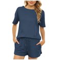 thumbnail image 1 of Womens Summer 2 Piece Outfits Casual Crewneck Short Sleeve Tops Drawstring Shorts Sets Tracksuit Pjs with Pockets, 1 of 5