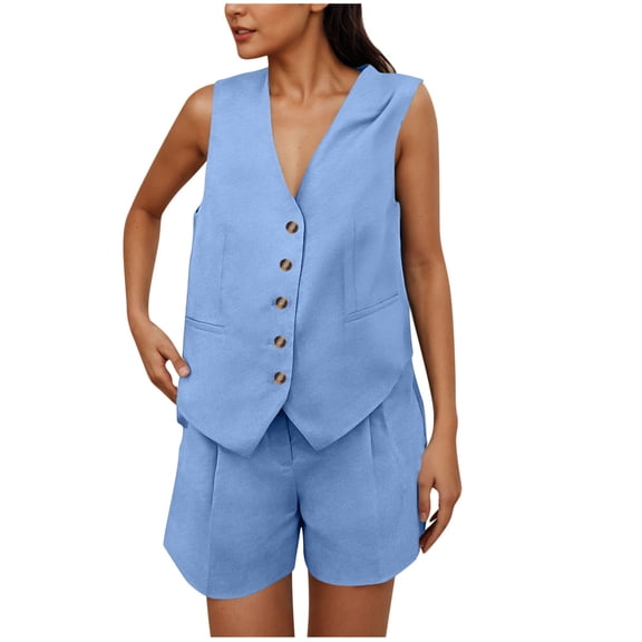 Womens Summer 2 Piece Outfits Casual Sleeveless Matching Sets Button Down V Neck Vest Waistcoat and Pockets Shorts
