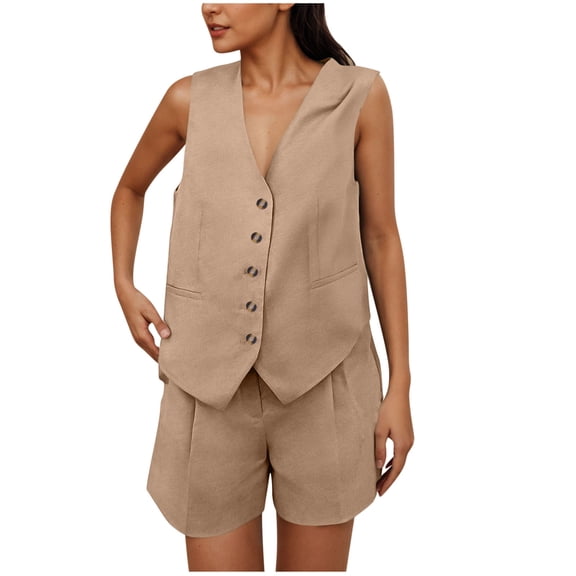 Womens Summer 2 Piece Outfits Casual Sleeveless Matching Sets Button Down V Neck Vest Waistcoat and Pockets Shorts