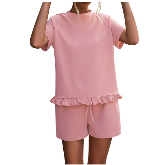 Womens Summer 2 Piece Outfits Casual Solid Crewneck Short Sleeve Tops and Drawstring Shorts Lounge Sets Tracksuits Ladies Clothes