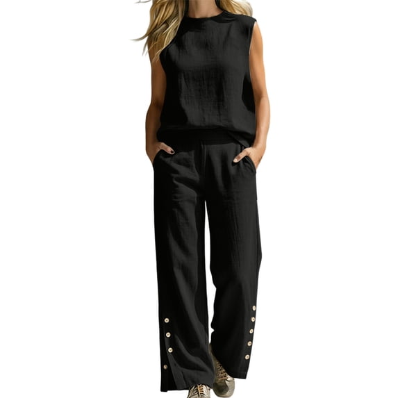 Womens Summer 2 Piece Outfits Cotton Fashionable Solid Color Sleeveless Top and Button Down Pants Lounge Set