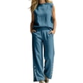 thumbnail image 1 of Womens Summer 2 Piece Outfits Cotton Fashionable Solid Color Sleeveless Top and Button Down Pants Lounge Set, 1 of 7
