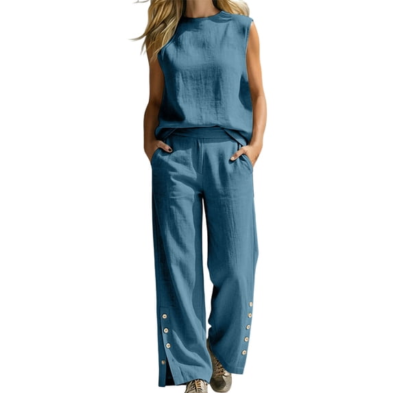 Womens Summer 2 Piece Outfits Cotton Fashionable Solid Color Sleeveless Top and Button Down Pants Lounge Set